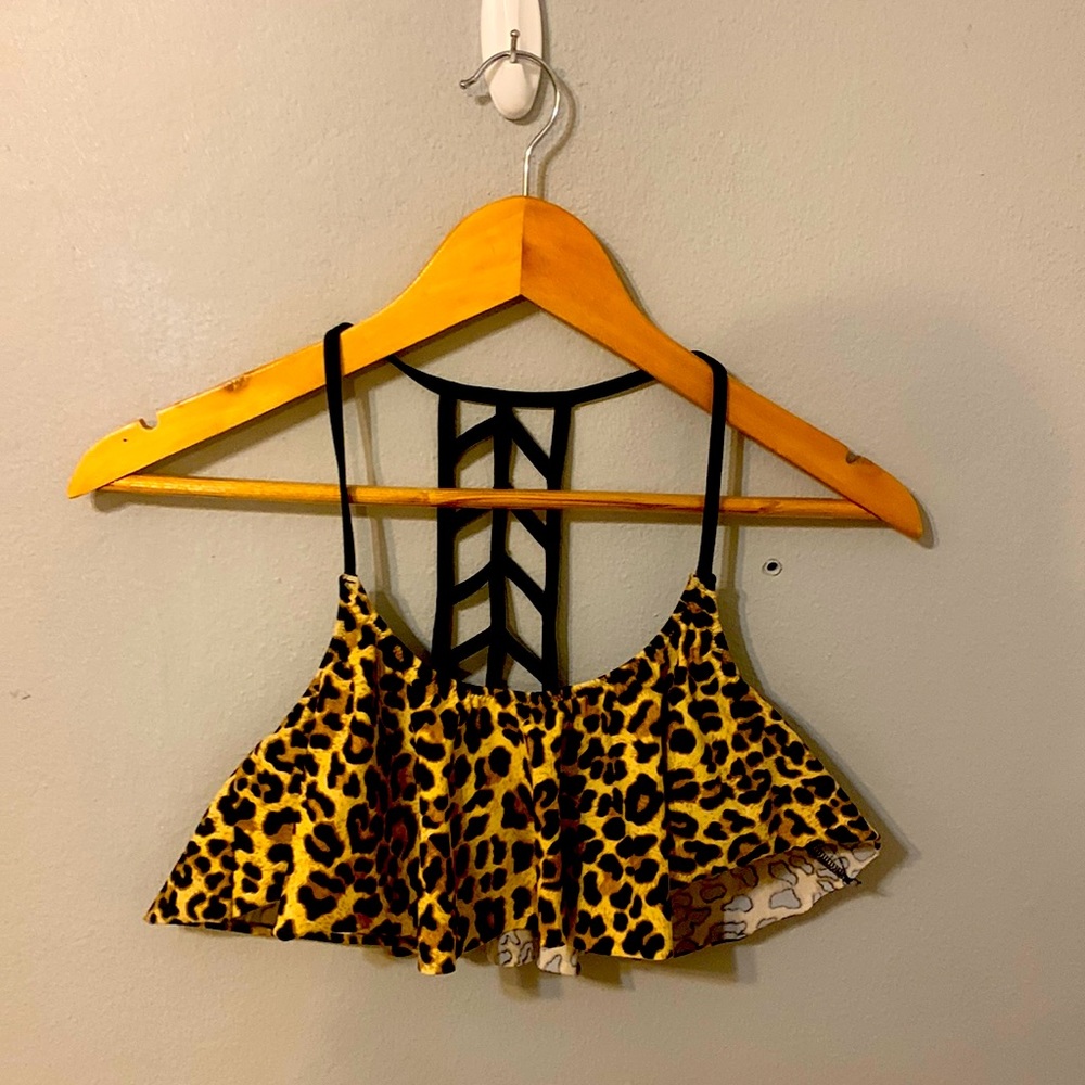Womens small Victoria’s Secret Pink ruffle cheetah leopard print bikini top swim